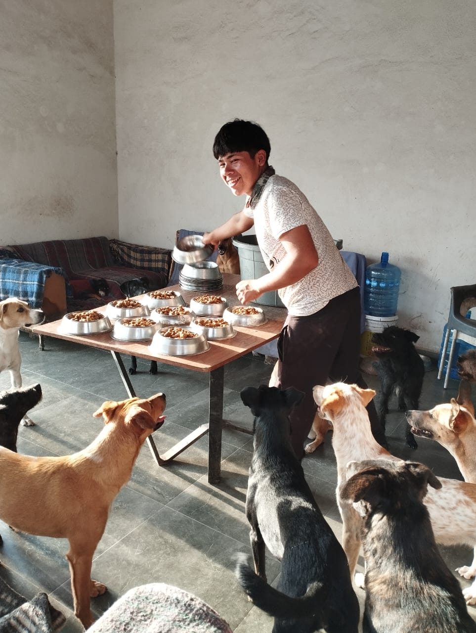 Preparación de las raciones de comida para los perros del refugio